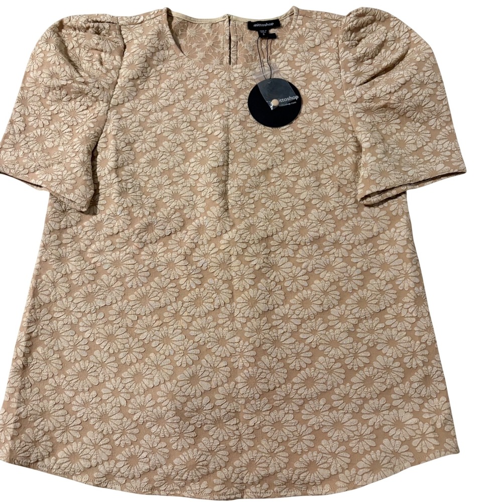 Mittoshop Womens‎ Peach Floral Daisy Textured Puff Sleeve Blouse Top NWT Small